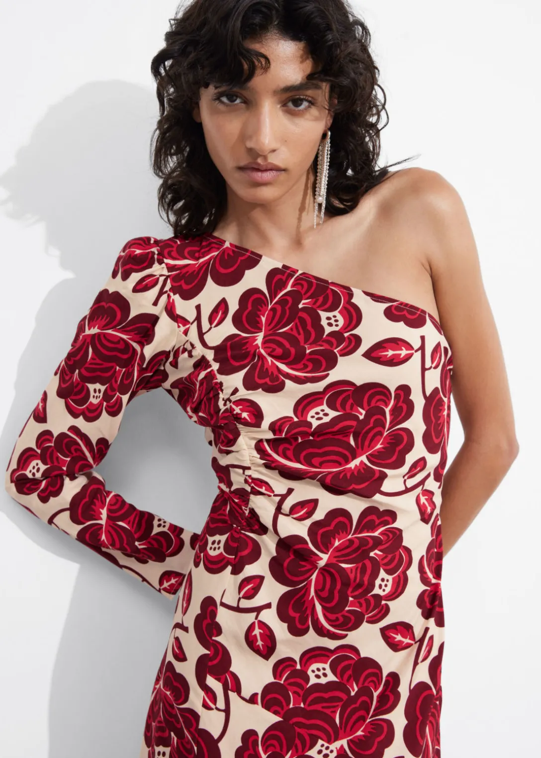 Online & Other Stories Asymmetric One-Shoulder Midi Dress Red Florals