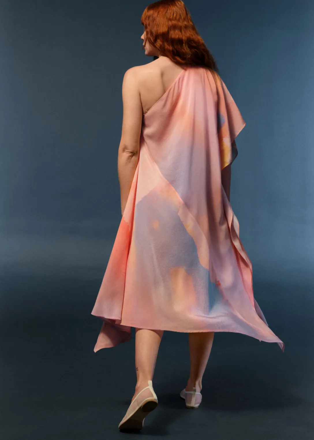 Sale & Other Stories Asymmetric One-Shoulder Midi Dress Orange Print