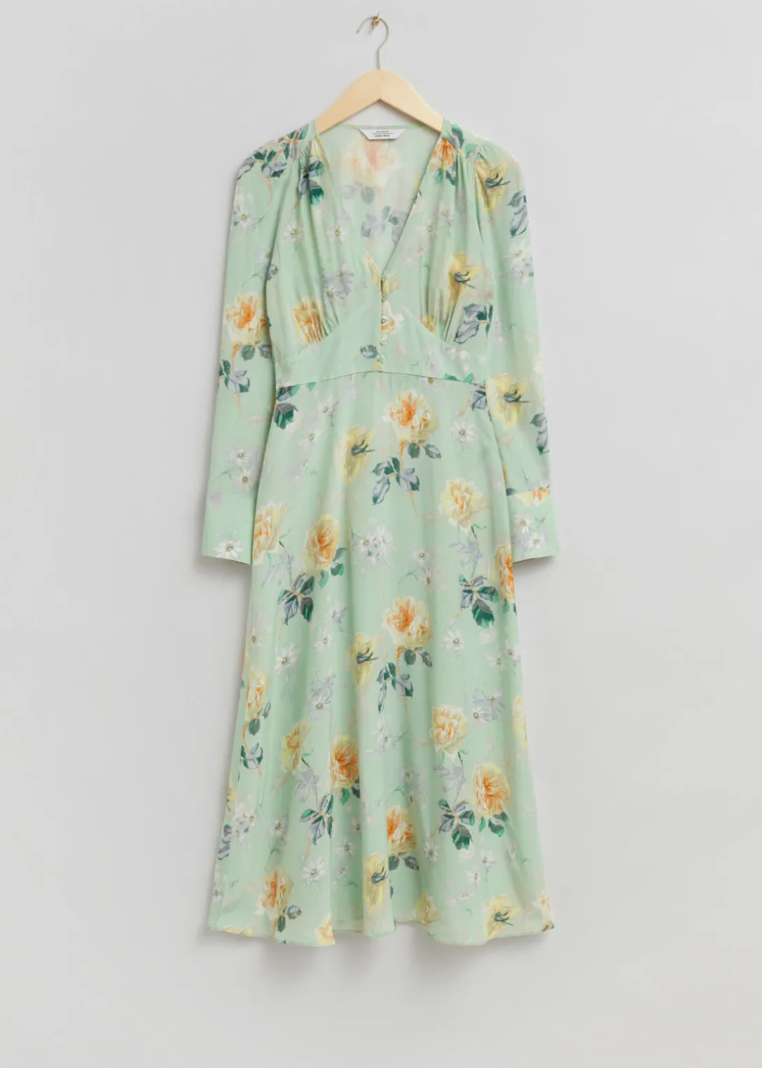 Store & Other Stories Buttoned V-Cut Midi Dress Light Green Floral Print