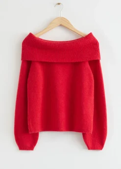 Fashion & Other Stories Chunky Off Shoulder Wool Sweater Red