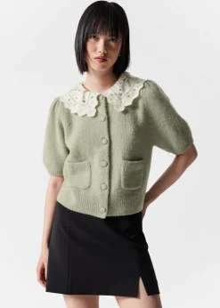 Outlet & Other Stories Crochet-Collar Knit Cardigan Khaki