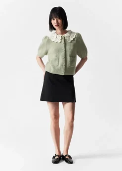 Outlet & Other Stories Crochet-Collar Knit Cardigan Khaki