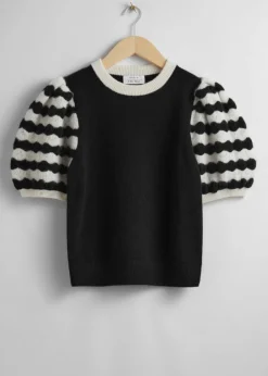 Best & Other Stories Crocheted Puff Sleeve Sweater Black/White