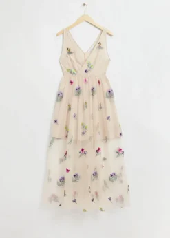 Discount & Other Stories Embellished Gathered Tulle Dress Light Beige Floral Embroidery