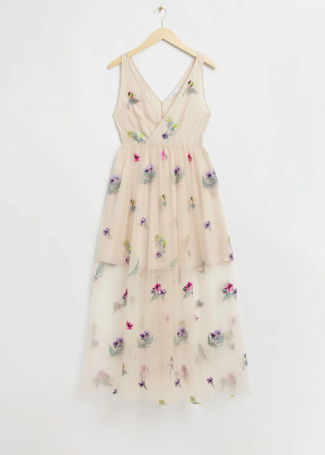 Discount & Other Stories Embellished Gathered Tulle Dress Light Beige Floral Embroidery
