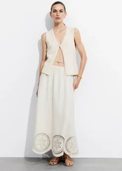 Clearance & Other Stories Embroidered Linen Midi Skirt White