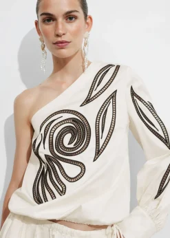 Hot & Other Stories Embroidered One-Shoulder Top White