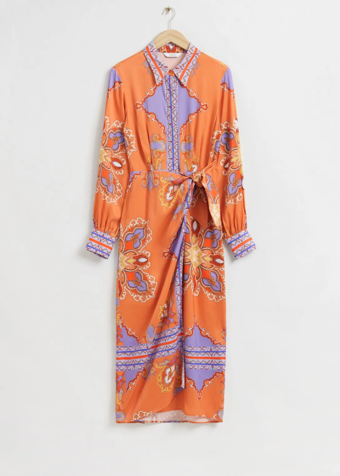 Online & Other Stories Faux Wrap Midi Shirt Dress Printed Orange