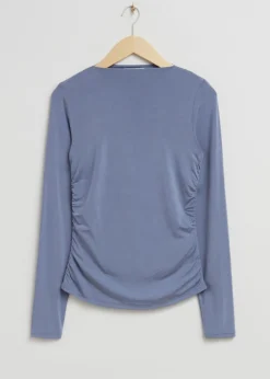 Cheap & Other Stories Fitted Boat Neck Ruched Top Dark Blue
