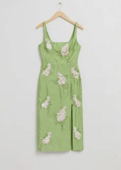Cheap & Other Stories Floral Embroidered Midi Dress Green Floral Embellishment