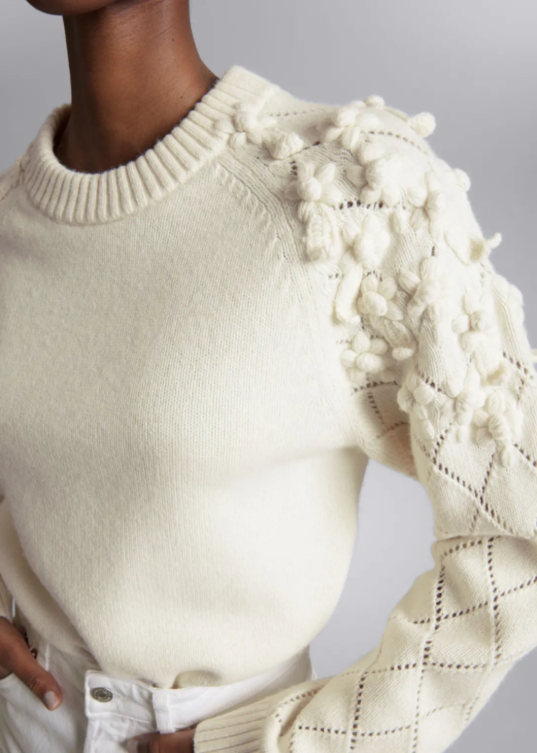 New & Other Stories Floral-Appliqué Knit Sweater White