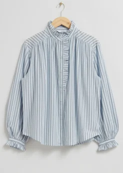 Sale & Other Stories Frilled Detail Blouse Ivory/Light Blue Pinstriped