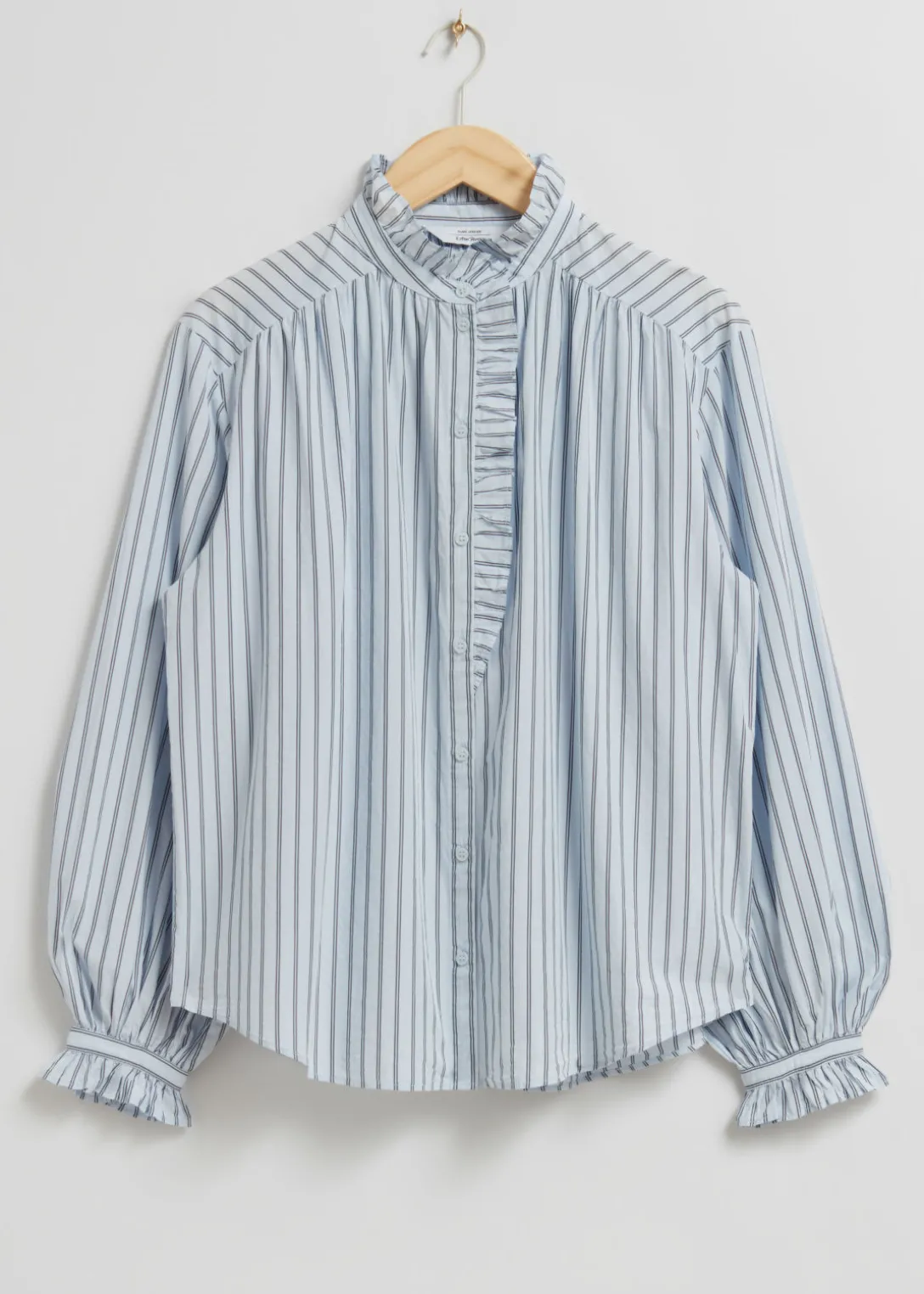 Sale & Other Stories Frilled Detail Blouse Ivory/Light Blue Pinstriped