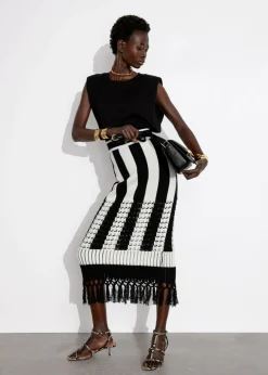 Outlet & Other Stories Fringed Knit Midi Skirt Black/White
