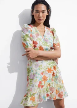 Best & Other Stories Linen Wrap Mini Dress White Floral Print