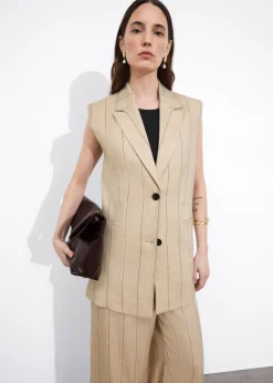 Hot & Other Stories Linen-Blend Blazer Vest Beige Pinstripe