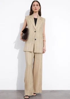 Hot & Other Stories Linen-Blend Blazer Vest Beige Pinstripe