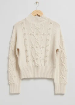 Clearance & Other Stories Pearl Bead Cable Knit Sweater Cream