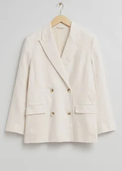 Fashion & Other Stories Relaxed Double-Breasted Linen Blazer Cream