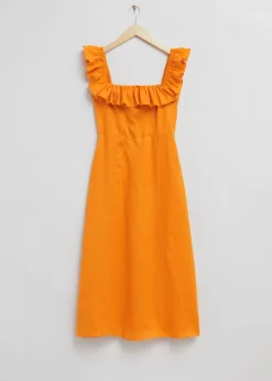Sale & Other Stories Ruffle Neck Linen Midi Dress Orange