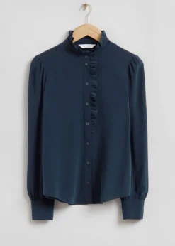Sale & Other Stories Ruffled Mulberry Silk Blouse Navy Blue