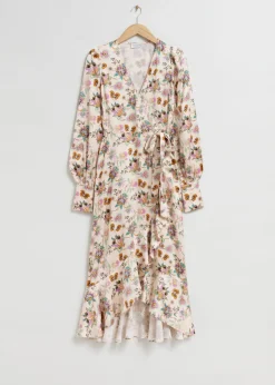 Store & Other Stories Ruffled Wrap Dress Beige Floral Print