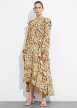 Discount & Other Stories Ruffle-Trimmed Midi Dress Yellow Print