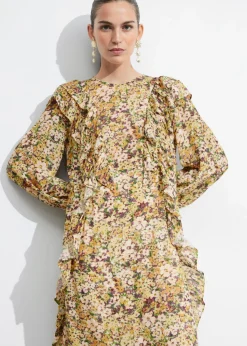 Discount & Other Stories Ruffle-Trimmed Midi Dress Yellow Print