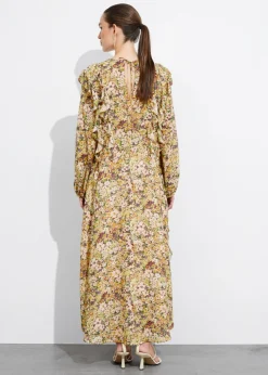 Discount & Other Stories Ruffle-Trimmed Midi Dress Yellow Print