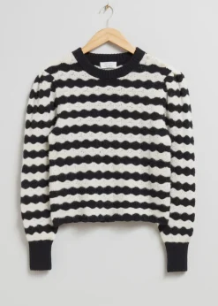 New & Other Stories Scalloped Crochet Merino Sweater Black/White