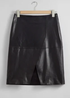 Discount & Other Stories Slit-Detailed Leather Mini Skirt Black