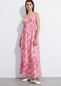 Shop & Other Stories Tie-Detailed V-Cut Dress Pink/White Patterned